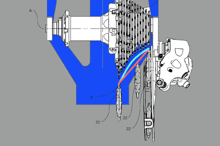 Featured image for the article Patent Patrol: Campagnolo’s curving wide-range derailleur, 13-speed cassettes, EPS buttons & more!