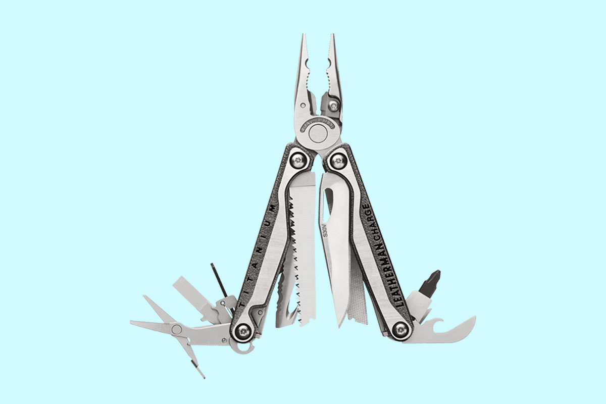 Leatherman Charge Plus titanium multitool opened to show 19 tools and bits