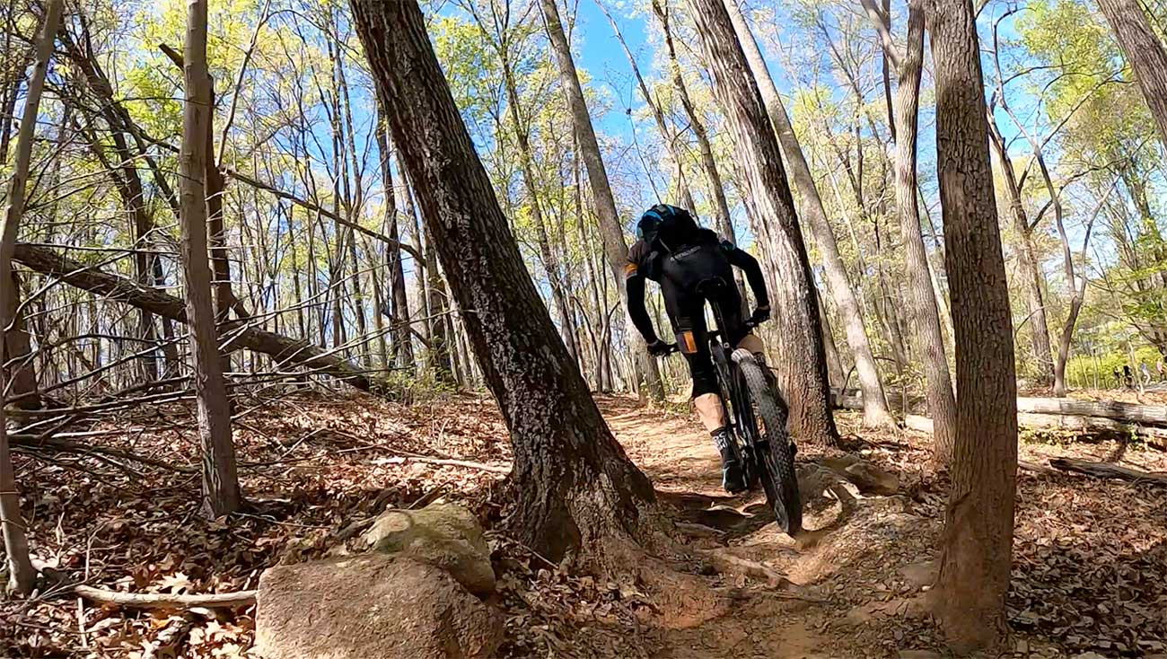 Trek Supercaliber ride review - action photo of tyler riding the cross country mountain bike