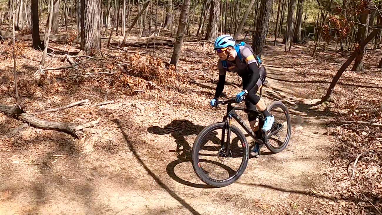 Trek Supercaliber ride review - action photo of tyler riding the cross country mountain bike