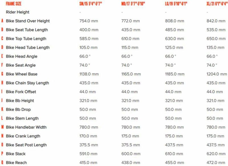 diamondback sizing chart mountain