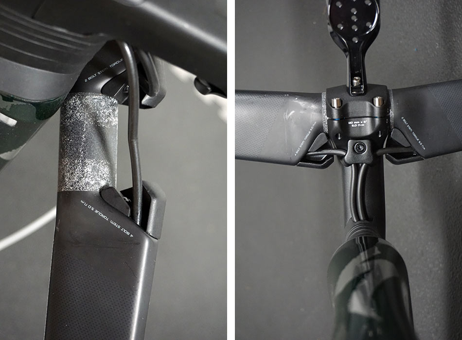 specialized tarmac sl7 aero road bike review with closeup detail of the aerodynamic one piece handlebar and stem with hidden cable routing