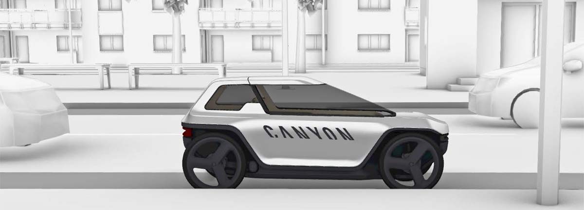 Canyon Future Mobility Concept, electric-assist commuter pedal car, prototype micro car, rendering on city street