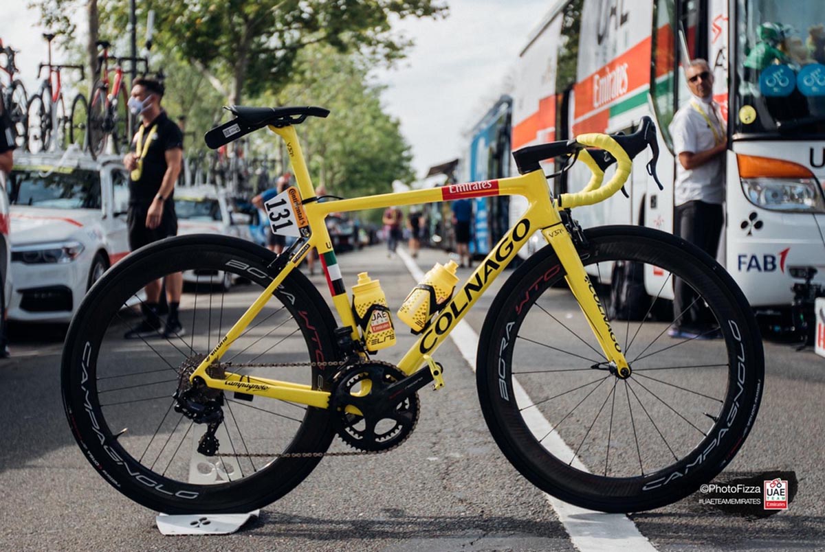 Tadej Pogacar Tour de France winner yellow Colnago race bike Prologo Scratch M5 saddle
