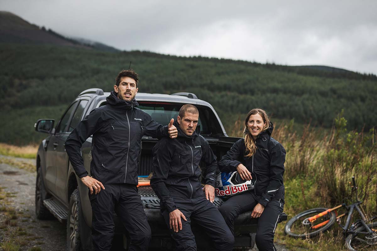 athertons pose in new waterproof mountain biking gear