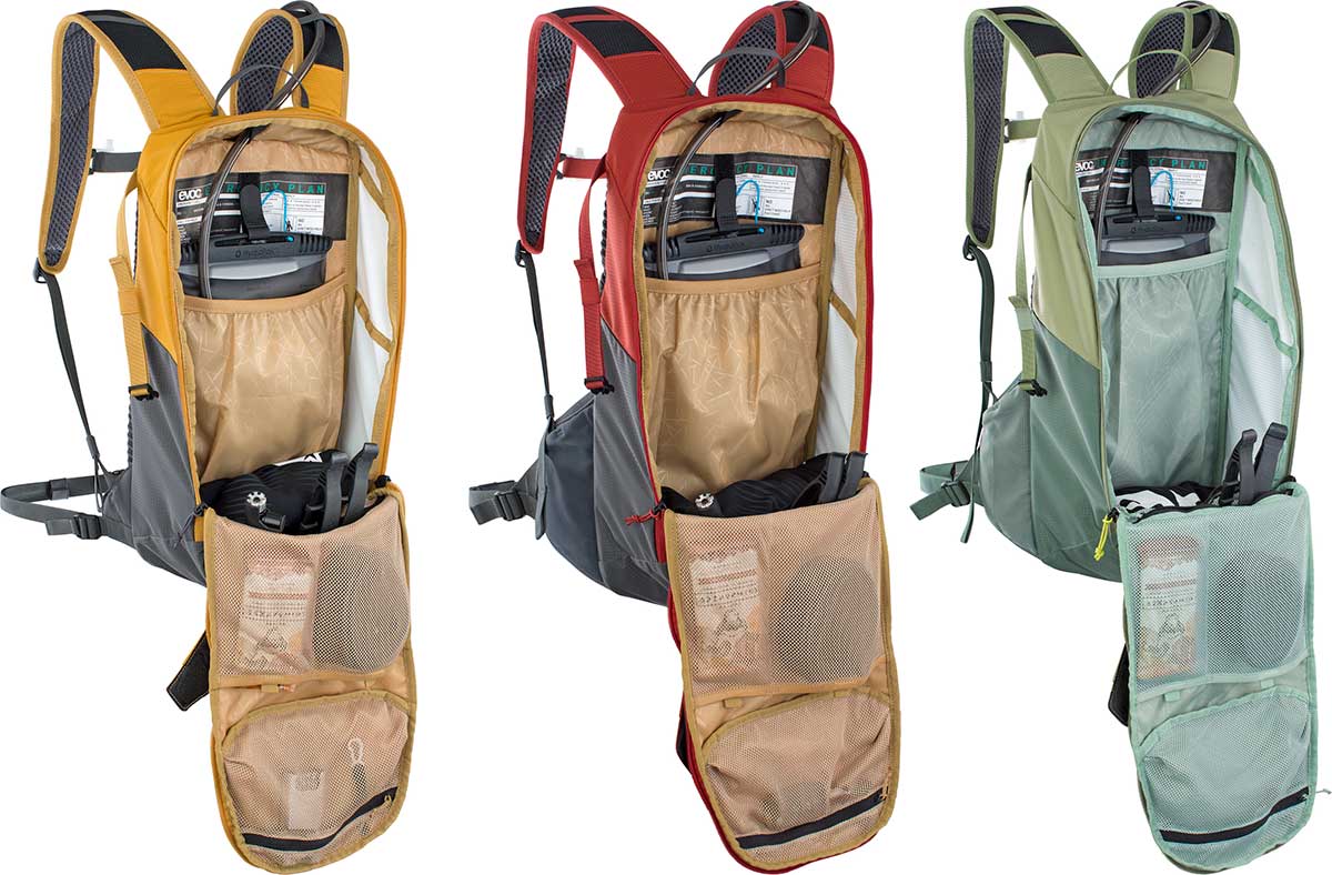 evoc ride 8L 12L 16L MTB backpacks accomodate 2L hydration bladder compartmentalized tools spares storage space