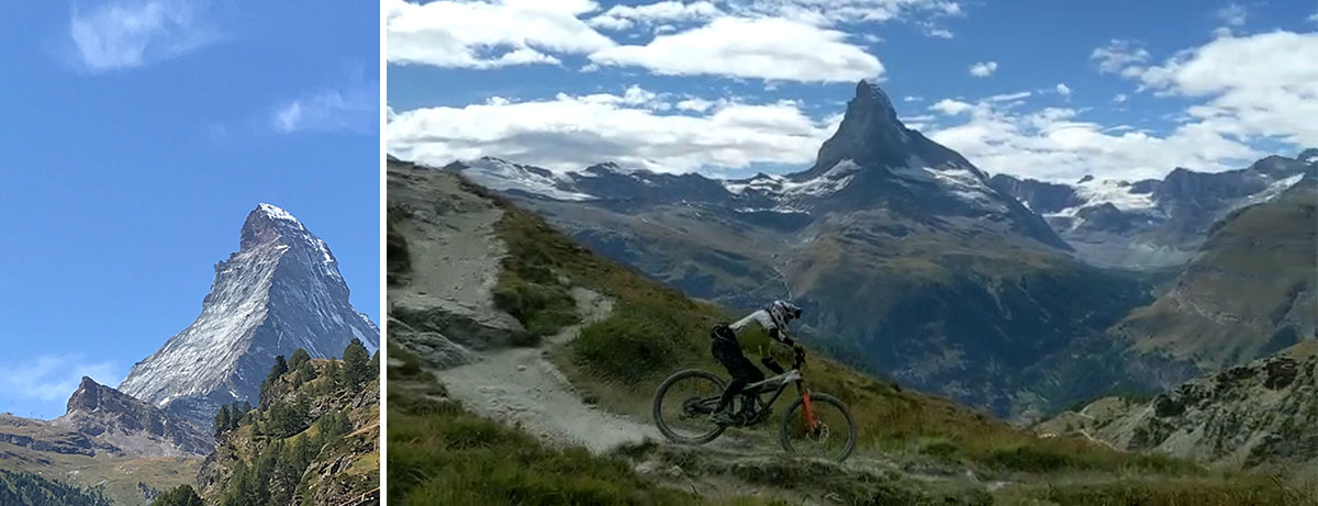 mountain biker riding dusty rocky walkers path zermatt bike park matterhorn backdrop
