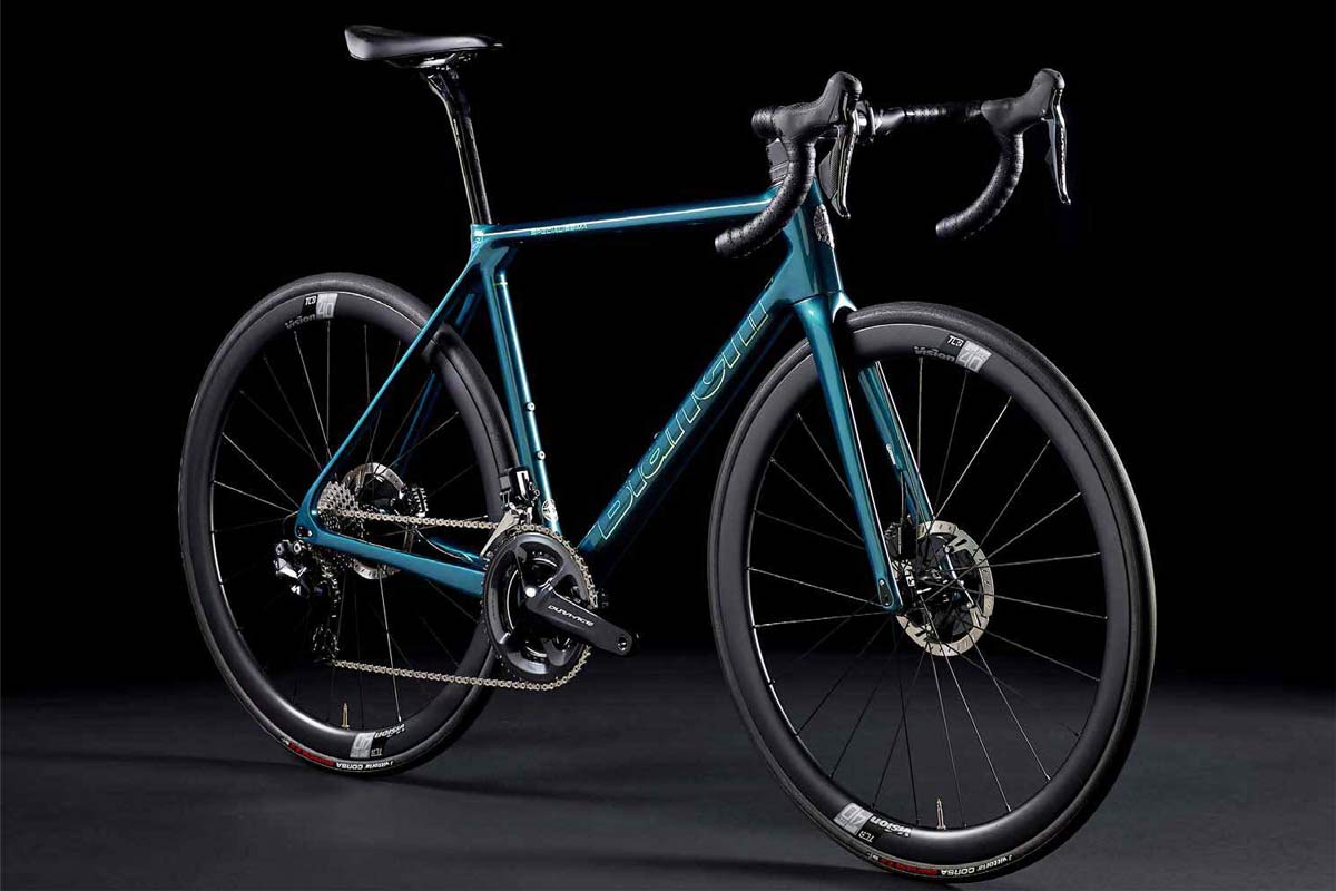 2021 Bianchi Specialissima CV lightweight road bike, Countervail light stiff carbon disc brake road race bike, angled