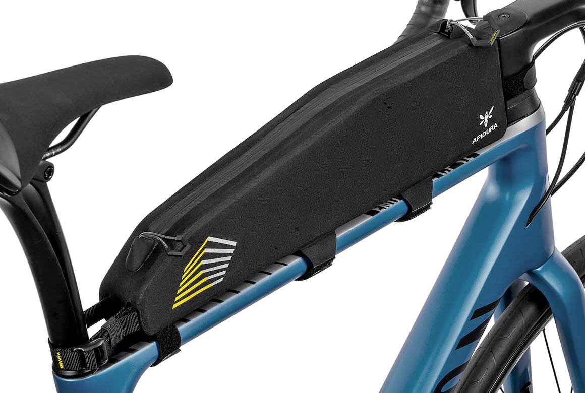 Apidura Racing Long Top Tube Pack, lightweight waterproof ultra-distance easy-access bikepacking toptube bag, angled