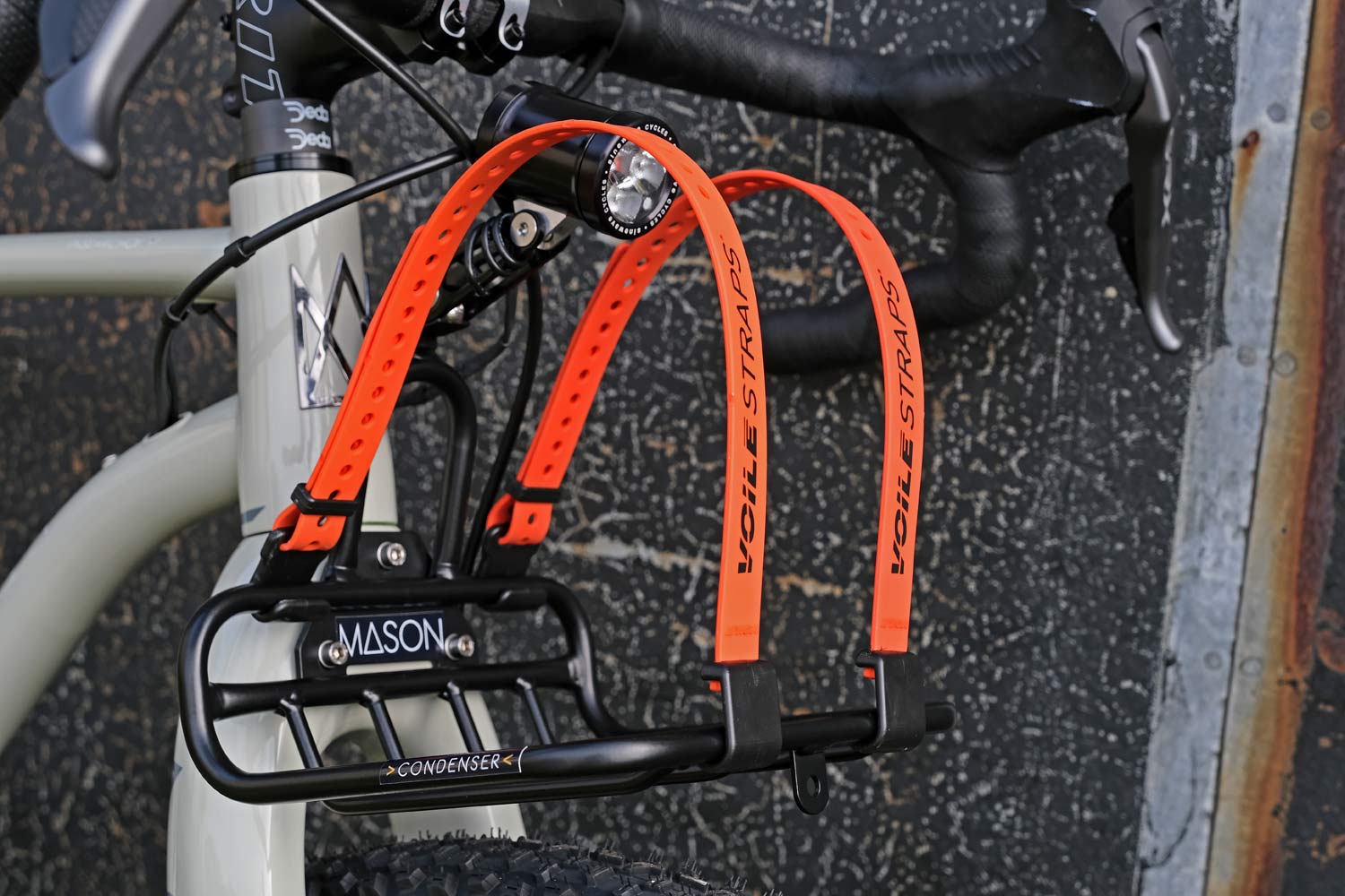 Mason ISO Condenser rack, adventure bikepacking mini off-road HotShoe fork rack, Voile Rack Straps