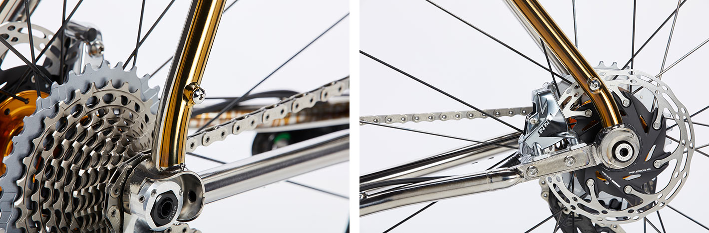 sage barlow all road bike with polished finish - dropouts closeup