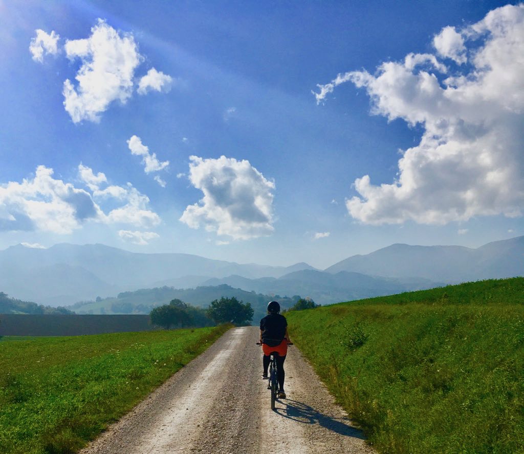bikerumor pic of the day a cyclist rides on a dirt road away from the camera with green fields on either side and the shadow of mountains in the distance under a bright blue sky with fluffy clouds.