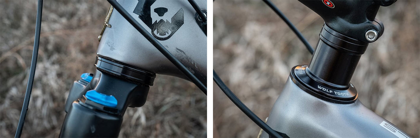 wolf tooth components geoshift adjustable angle headset shown installed on a bike