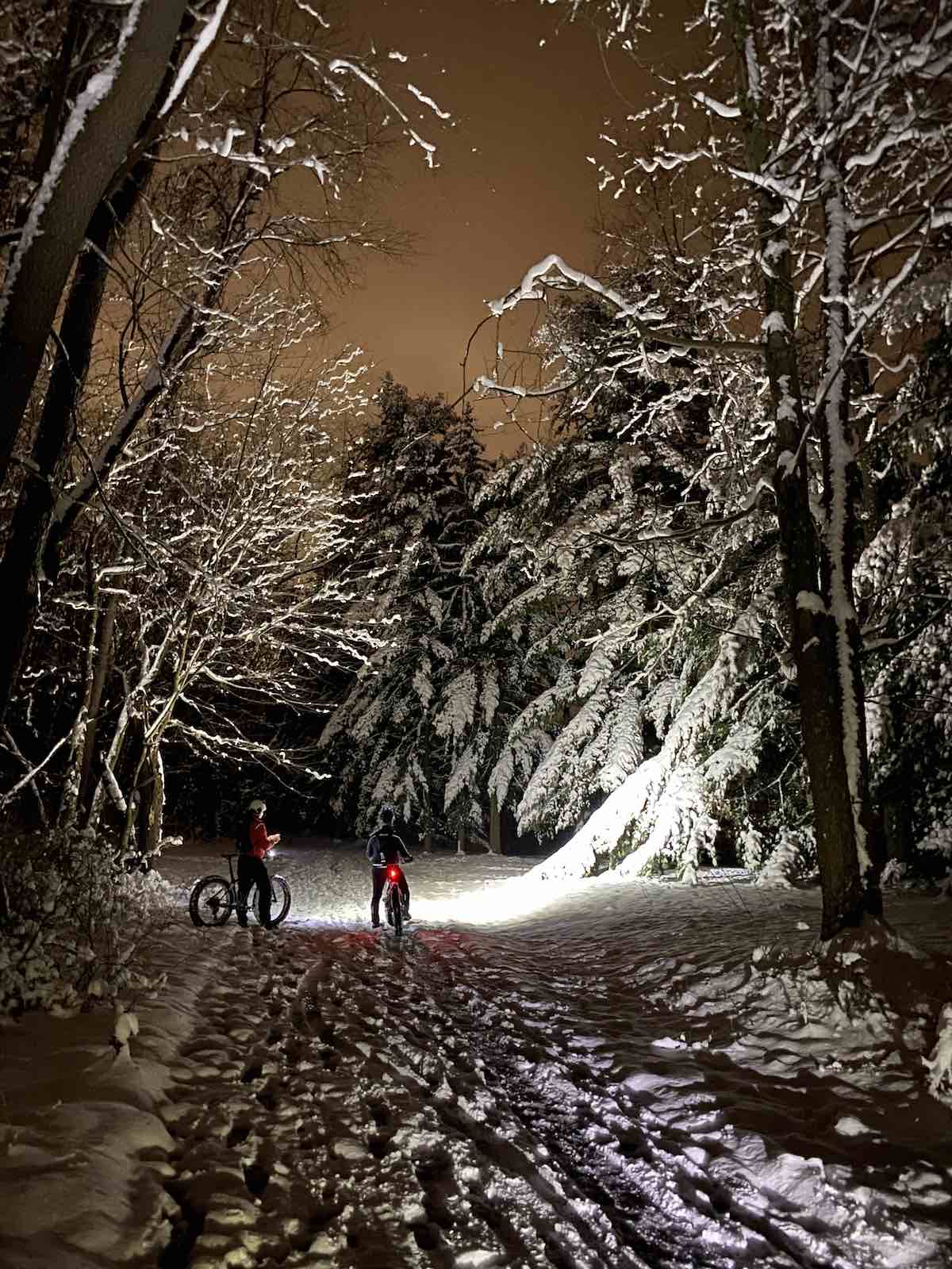 bikerumor pic of the day two cyclists on fat bikes on a snowy trail their lights lighting up the snow covered trees and the sky glows brown with the city lights reflected off the heavy clouds