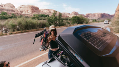 Yakima CBX Solar rooftop cargo box stores goods and powers your camp