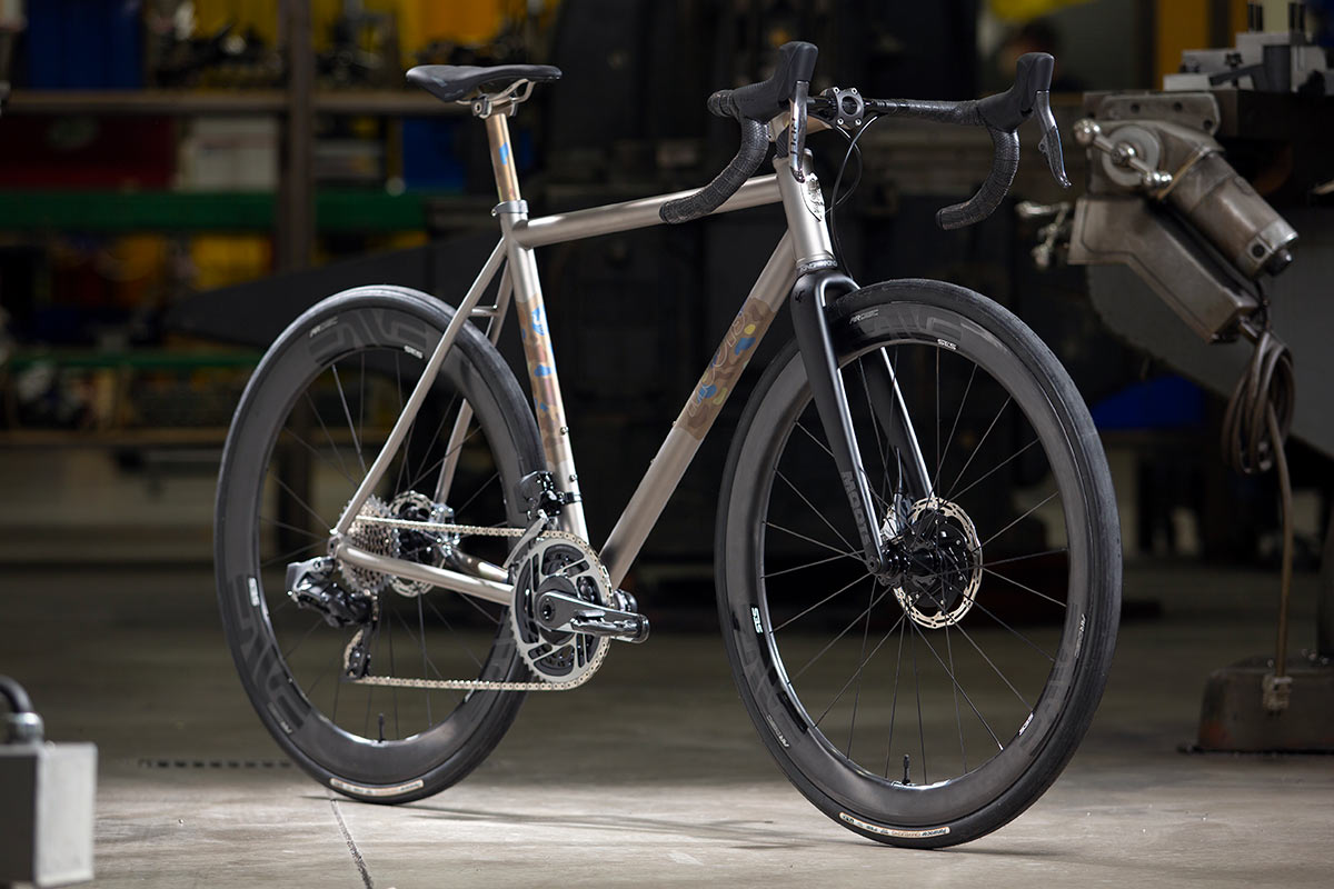 new moots vamoots res all road titanium bike shown at an angle