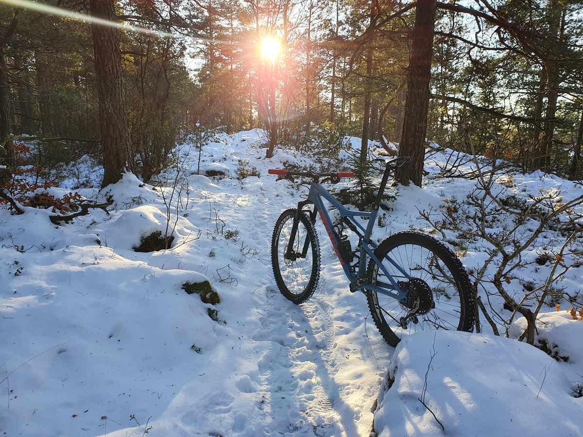 bikerumor pic of the day Tønsberg, Norway, a bicycle sits on a snowy trail with the sun peeking from behind the bare trees.