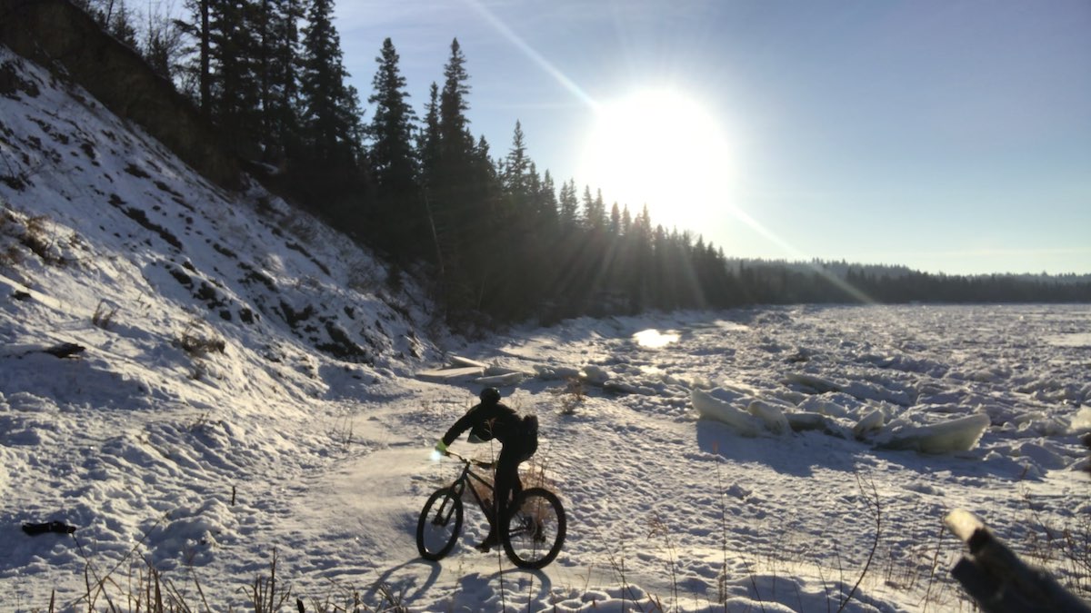 bikerumor pic of the day Edmonton, AB, canada mountain biking in the snow with pine trees to one side and a slump on the other along the keller road.