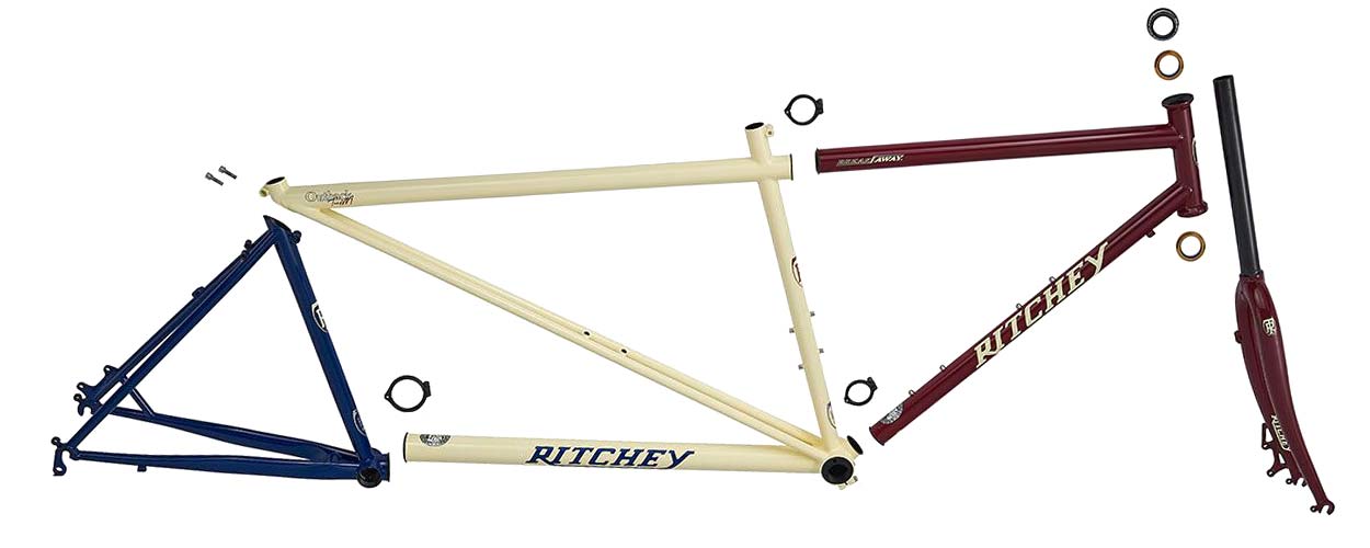 Ritchey Outback TandM Break-Away folding steel travel gravel tandem, exploded or decoupled