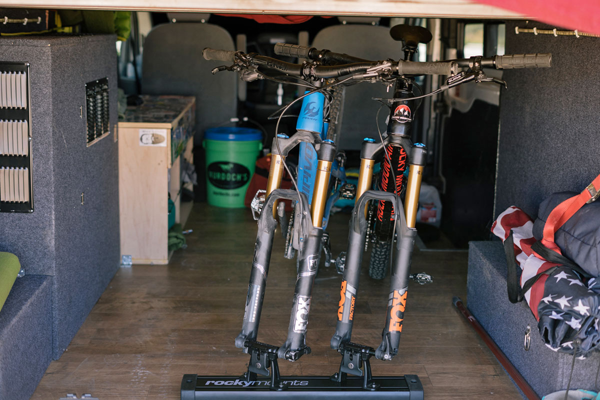 RockyMounts VanTrack bike rack, adjustable track secure pickup truck van SUV #vanlife bike storage in fork mounts, packed van