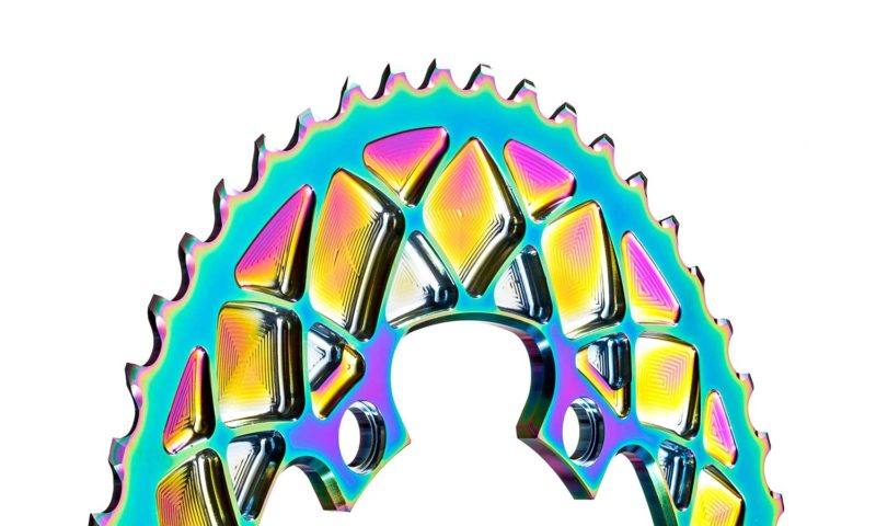 absoluteBLACK Oval PVD rainbow road rings, colorful oil slick road bike Shimano double chainrings, big ring detail