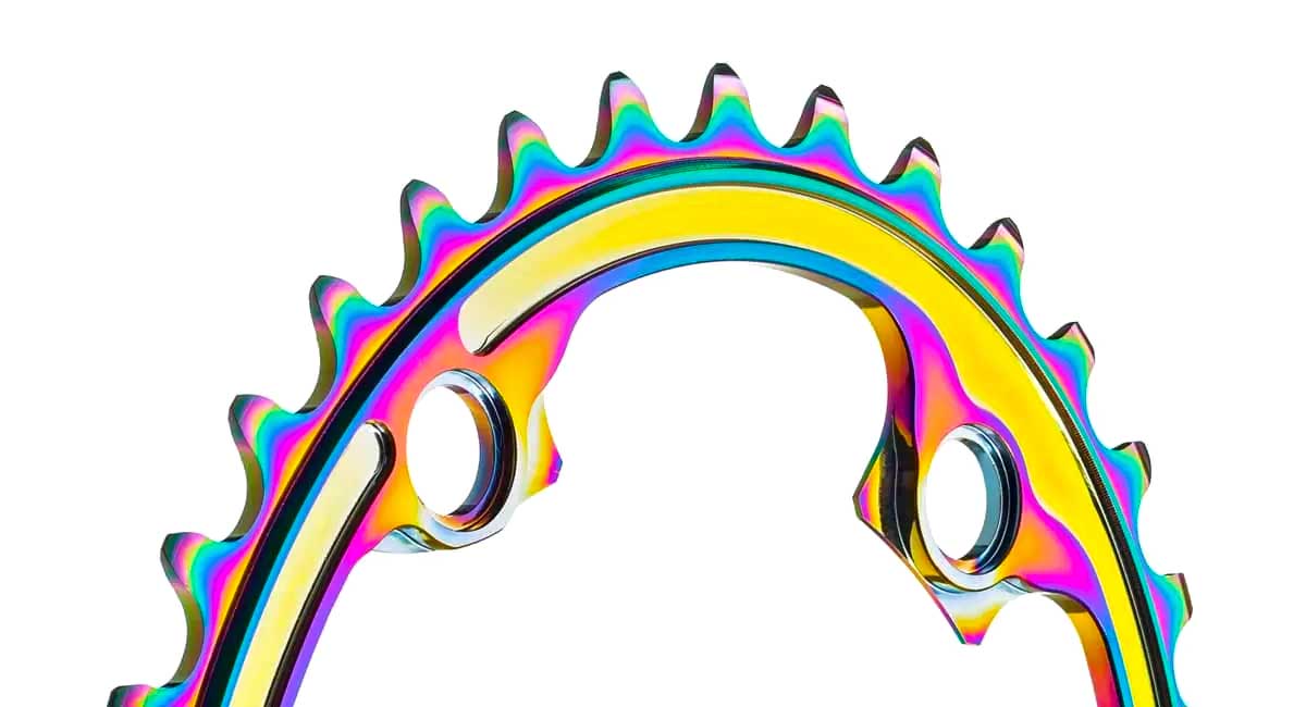 absoluteBLACK Oval PVD rainbow road rings, colorful oil slick road bike Shimano double chainrings, little ring detail