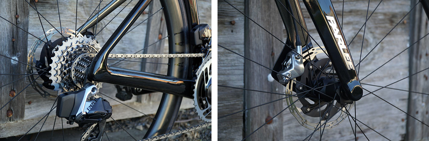 review of parlee rz7 aero road bike with bike showing closeup details of drivetrain and brakes