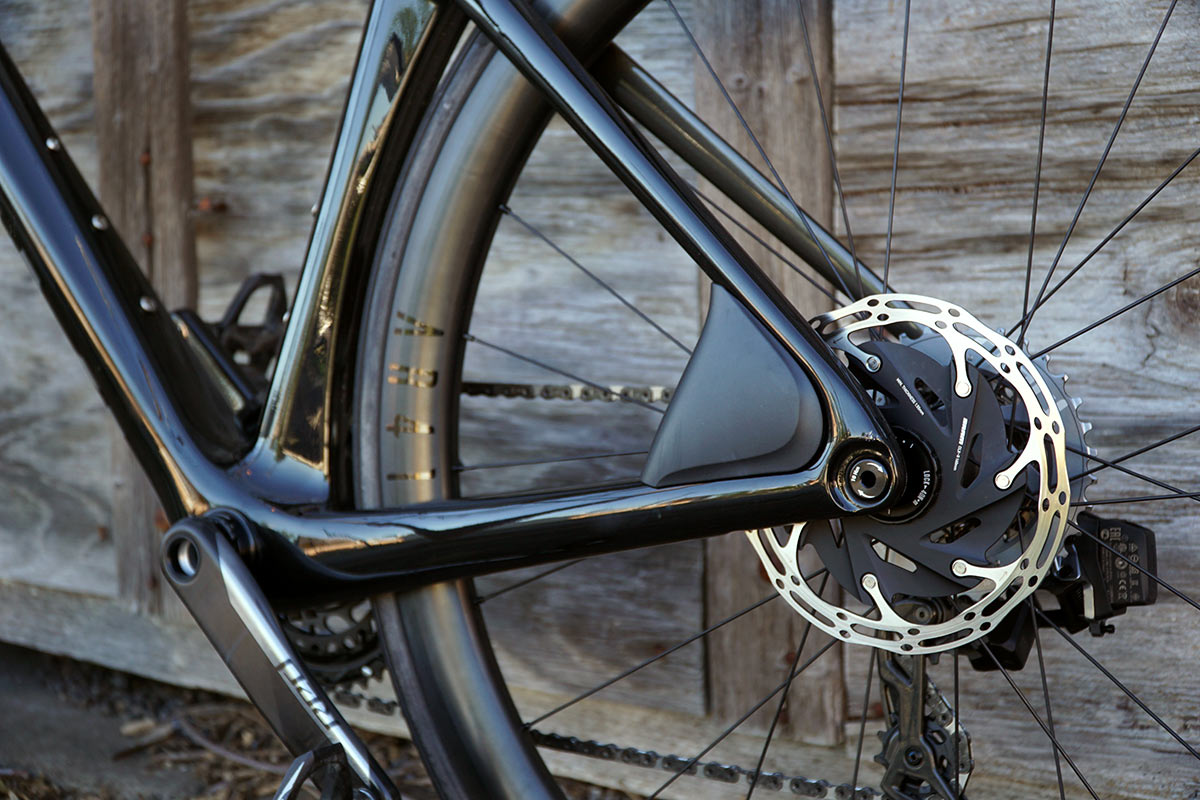 review of parlee rz7 aero road bike with bike showing closeup details of carbon fiber brake covers