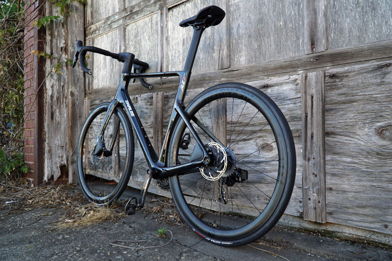 review of parlee rz7 aero road bike with bike shown from left rear angle