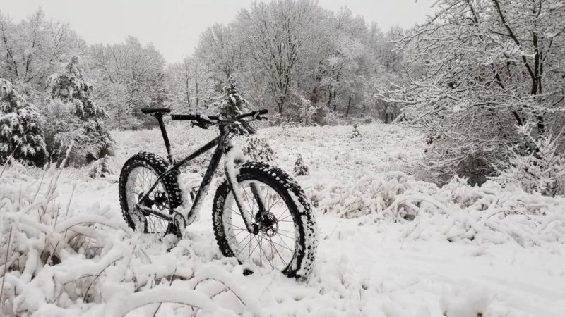 a fat bike is covered in snow, in a meadow and with trees nearby that are also covered in snow. The bike is black, so the photo looks like it is black and white.