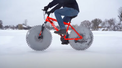Man builds saw blade wheels for ice riding because studded tires would be too easy