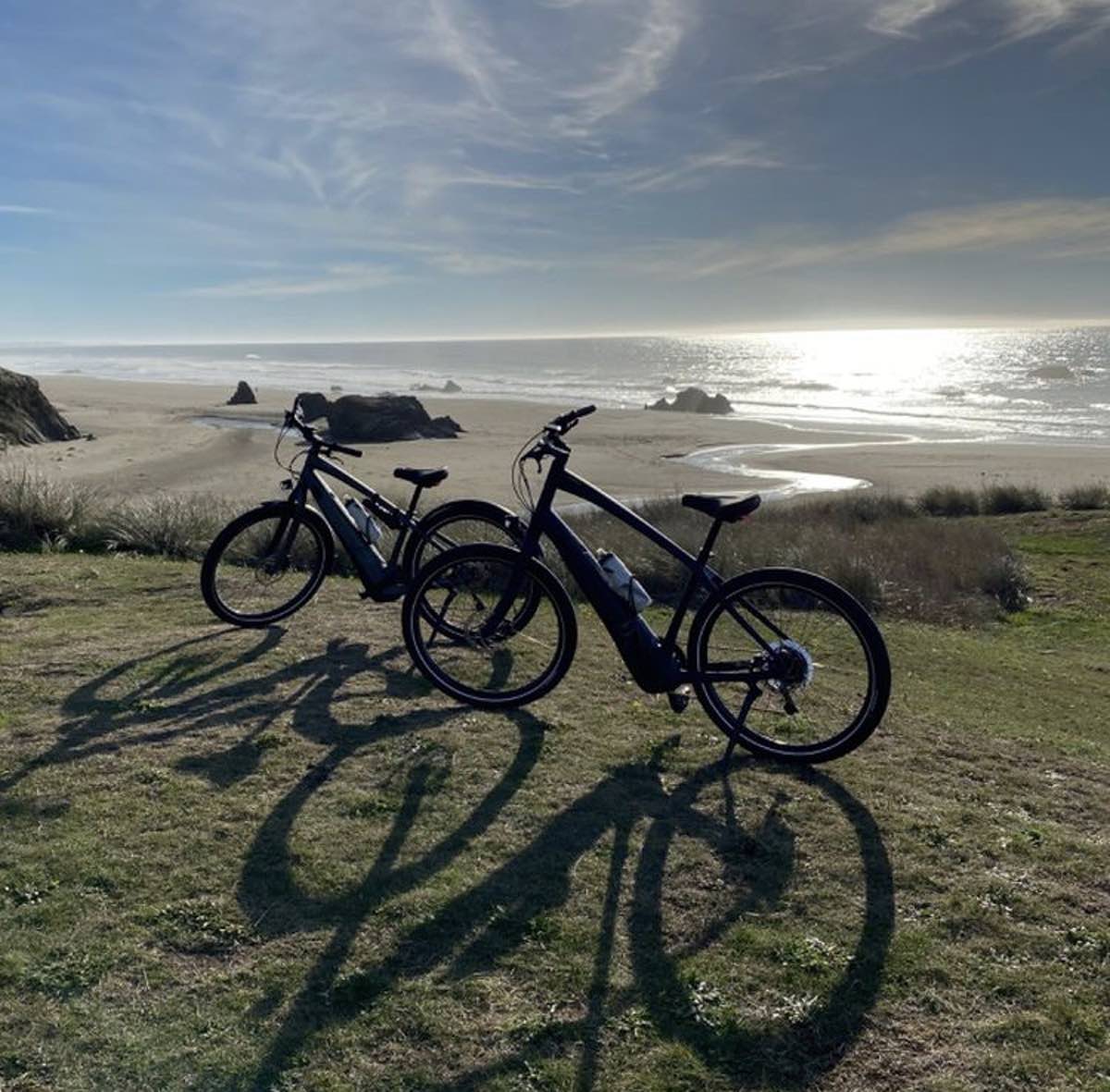 two ebikes along the coast in Bandon, Oregon