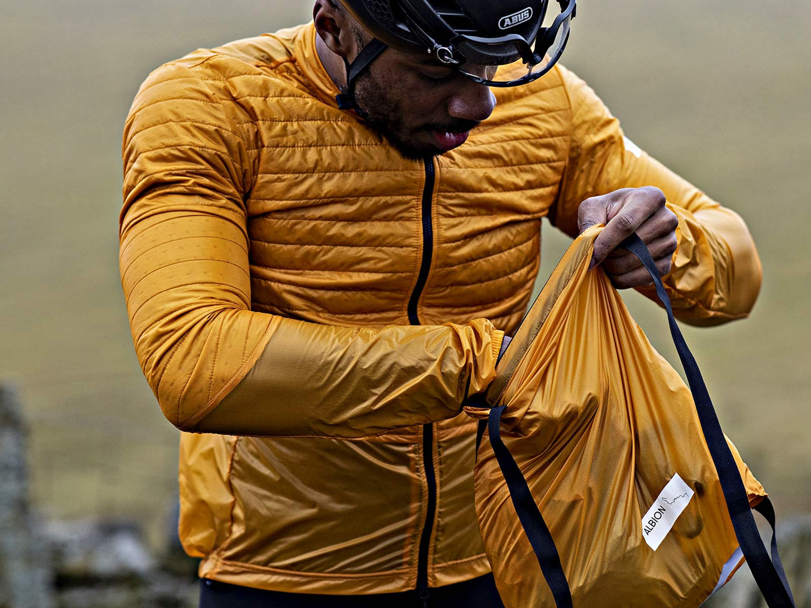 Albion Ultralight Insulated Jacket, ultra lightweight packable breathable eco cycling jacket and backpack, packing