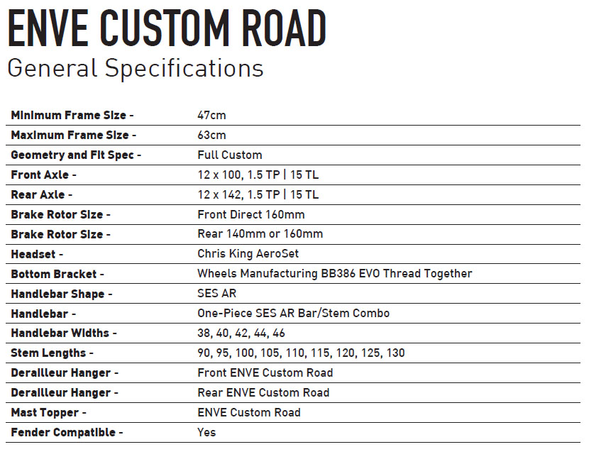 ENVE Custom Road carbon bike frame specs