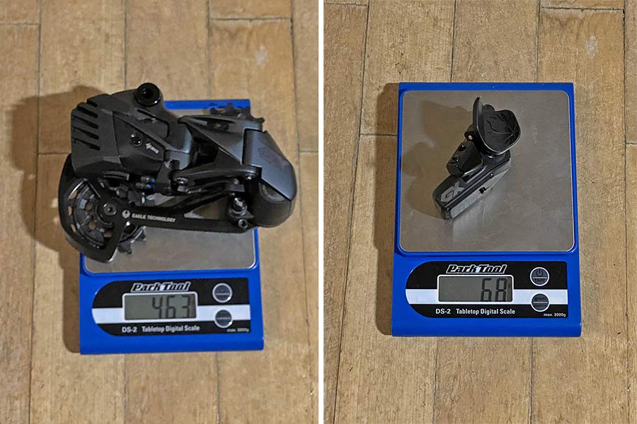 SRAM GX Eagle AXS parts on a scale to show actual weights