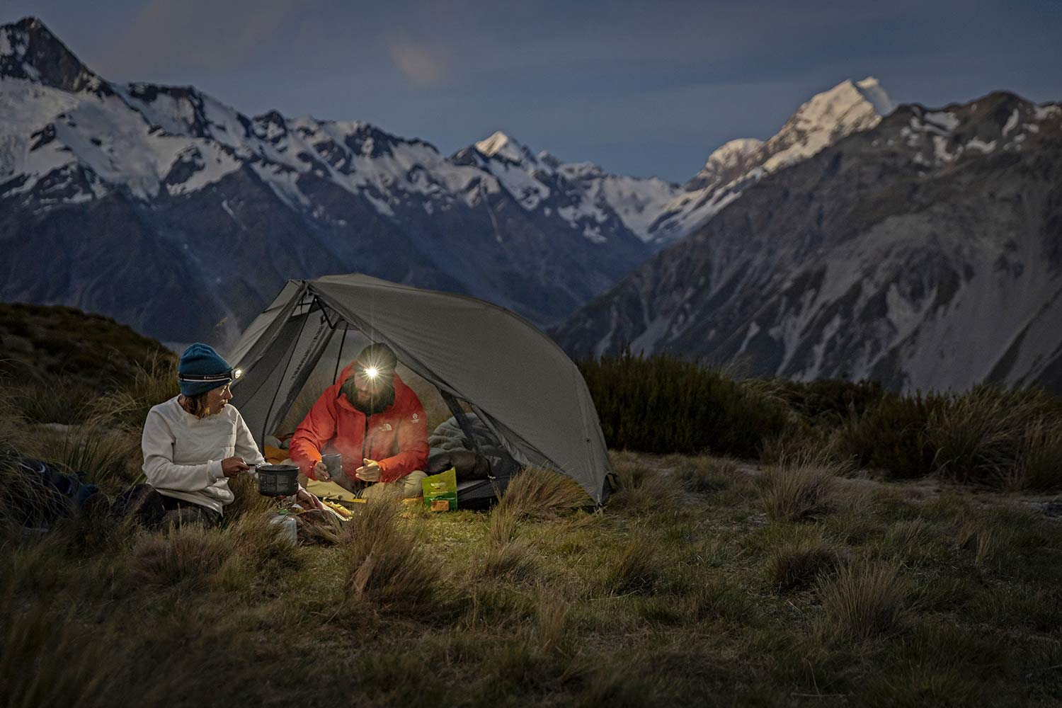 Sea to Summit Alto and Telos TR lightweight tents, Tension Ridge modular 3-season ultralight bikepacking tent, night camp in New Zealand