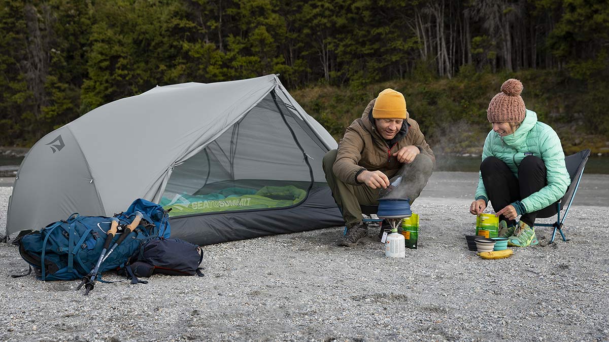Sea to Summit Alto and Telos TR lightweight tents, Tension Ridge modular 3-season ultralight bikepacking tent, creekside camp in New Zealand