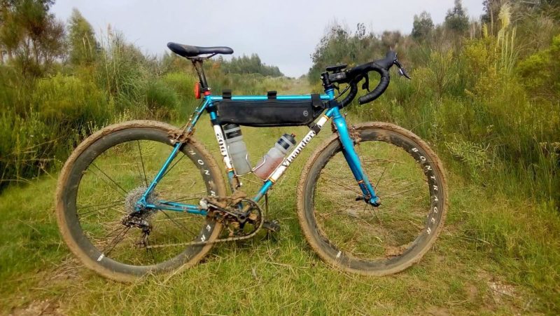 bikerumor pic of the day gravel bike ride in Uruguay a muddy bicycle is posed across a grassy road with pine trees on either side.
