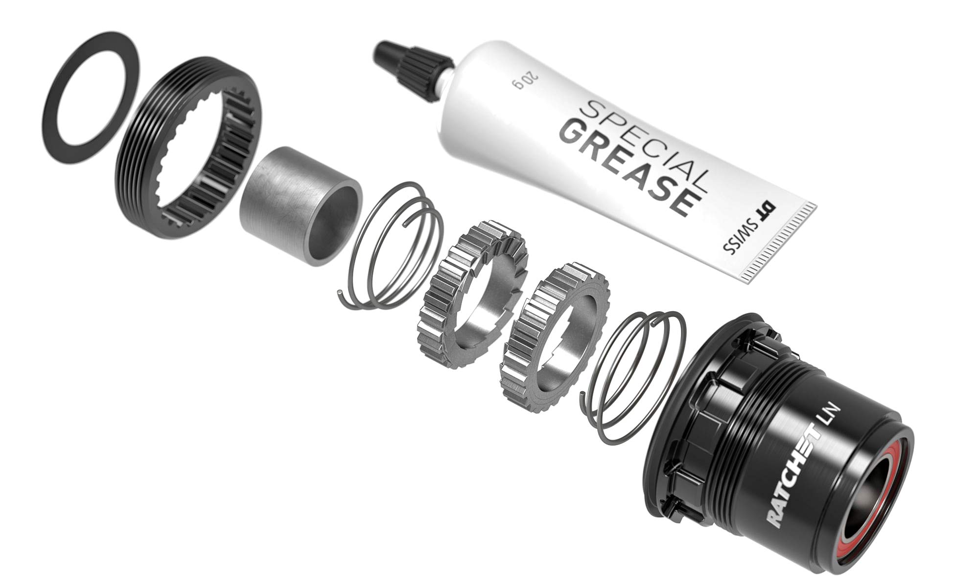 DT Swiss Ratchet LN hub upgrade kit, from 3-pawls to Star Ratchet, kit contents