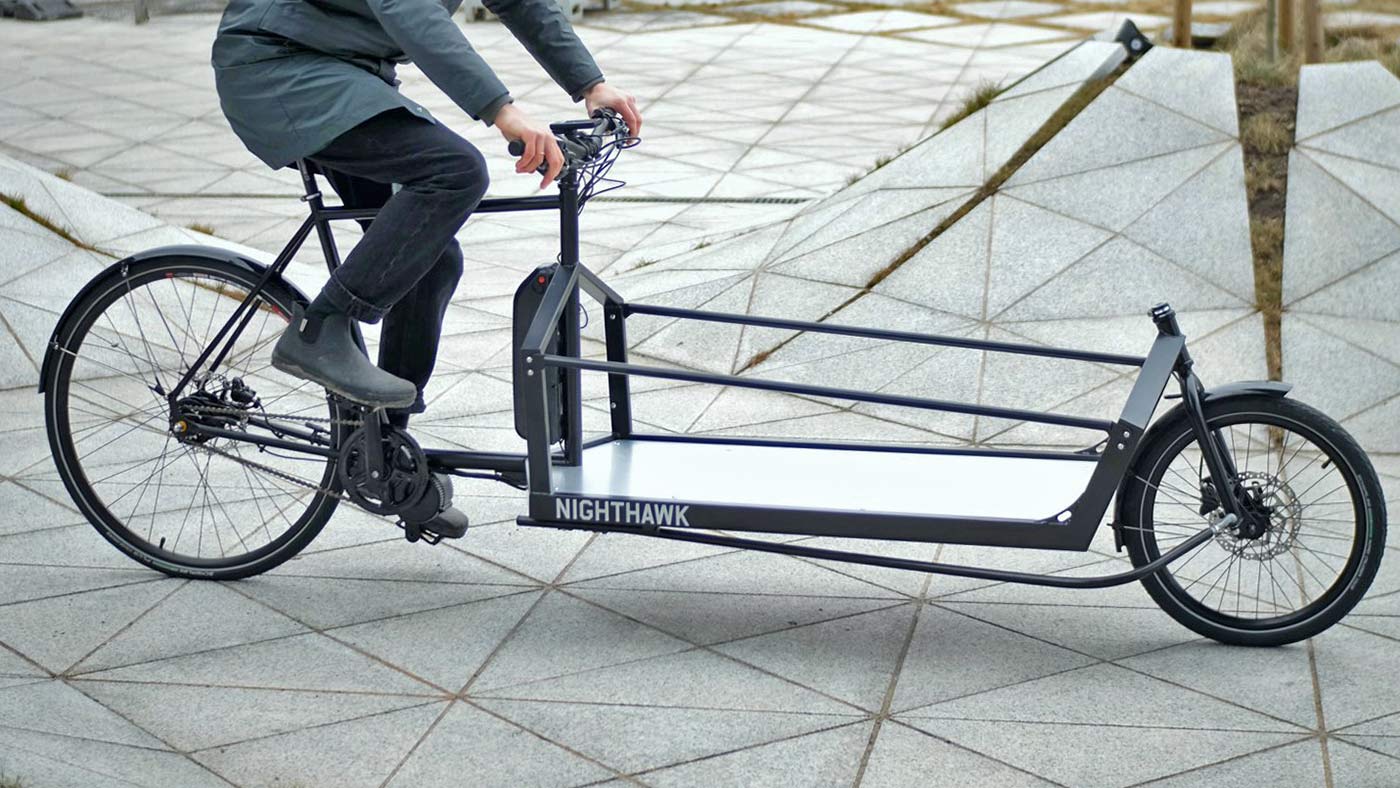 KP Cyclery Nighthawk steel cargo bike, affordable EU-made customizable long john cargo bikes, extra-long custom