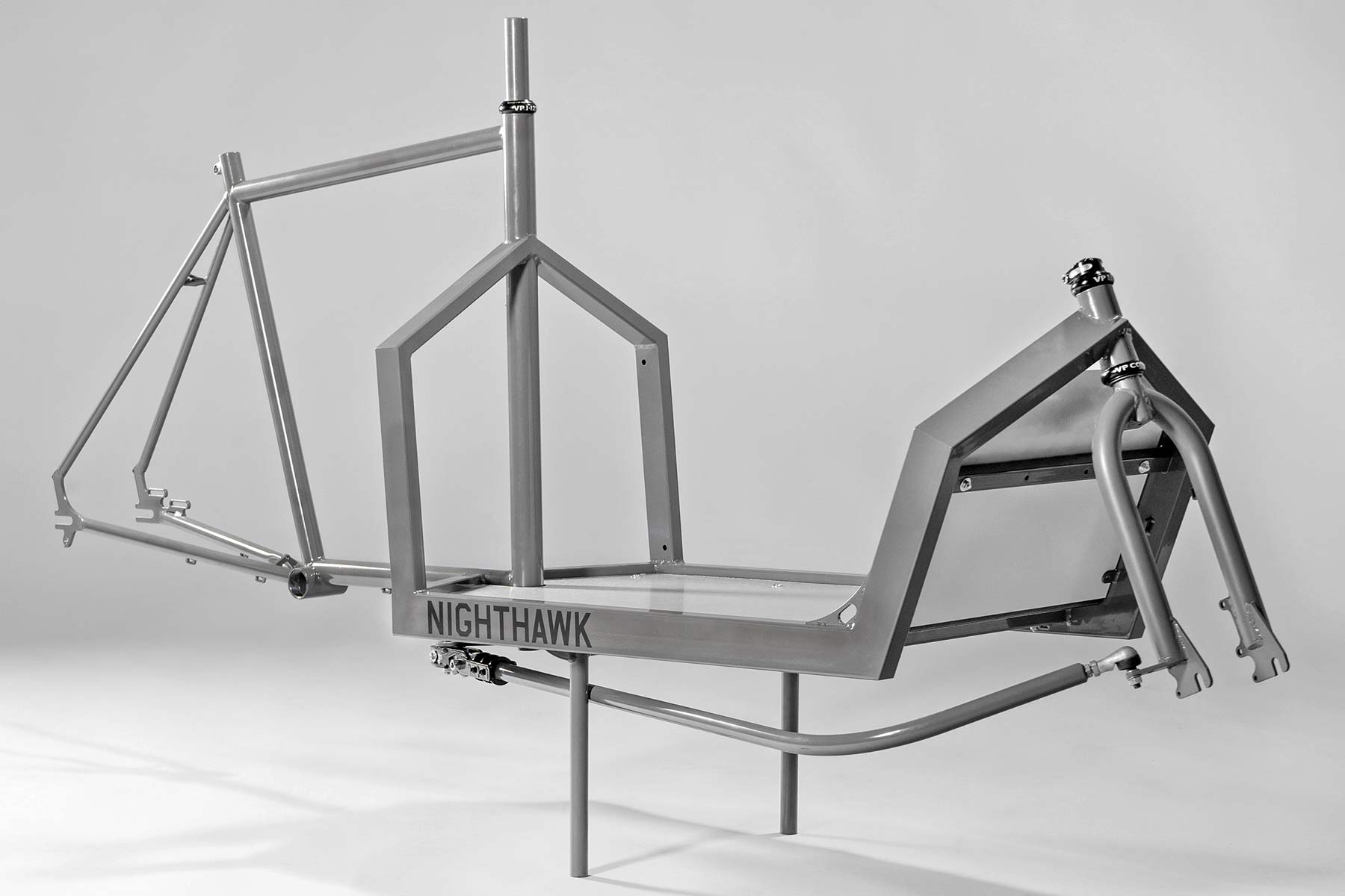 KP Cyclery Nighthawk steel cargo bike, affordable EU-made customizable long john cargo bikes, frame angled