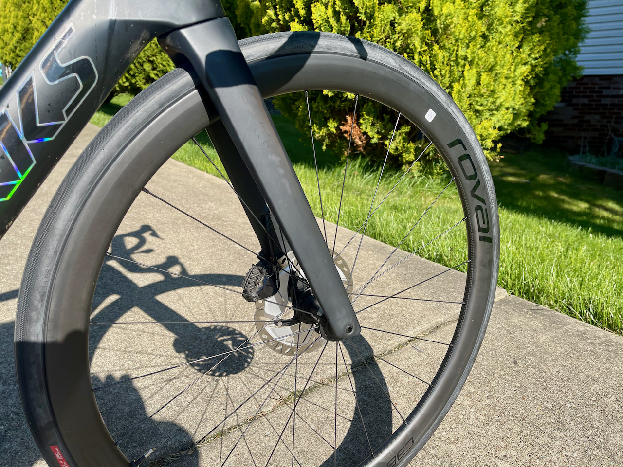 Roval C38 carbon wheels front wheel detail on bike