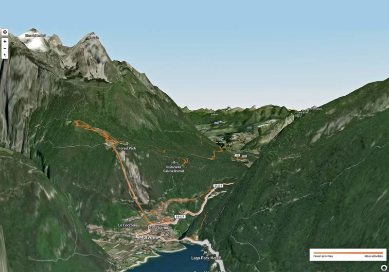 Strava 3D Heatmaps, strava premium subscription activity ride data 3D terrain map overlay, Andalo