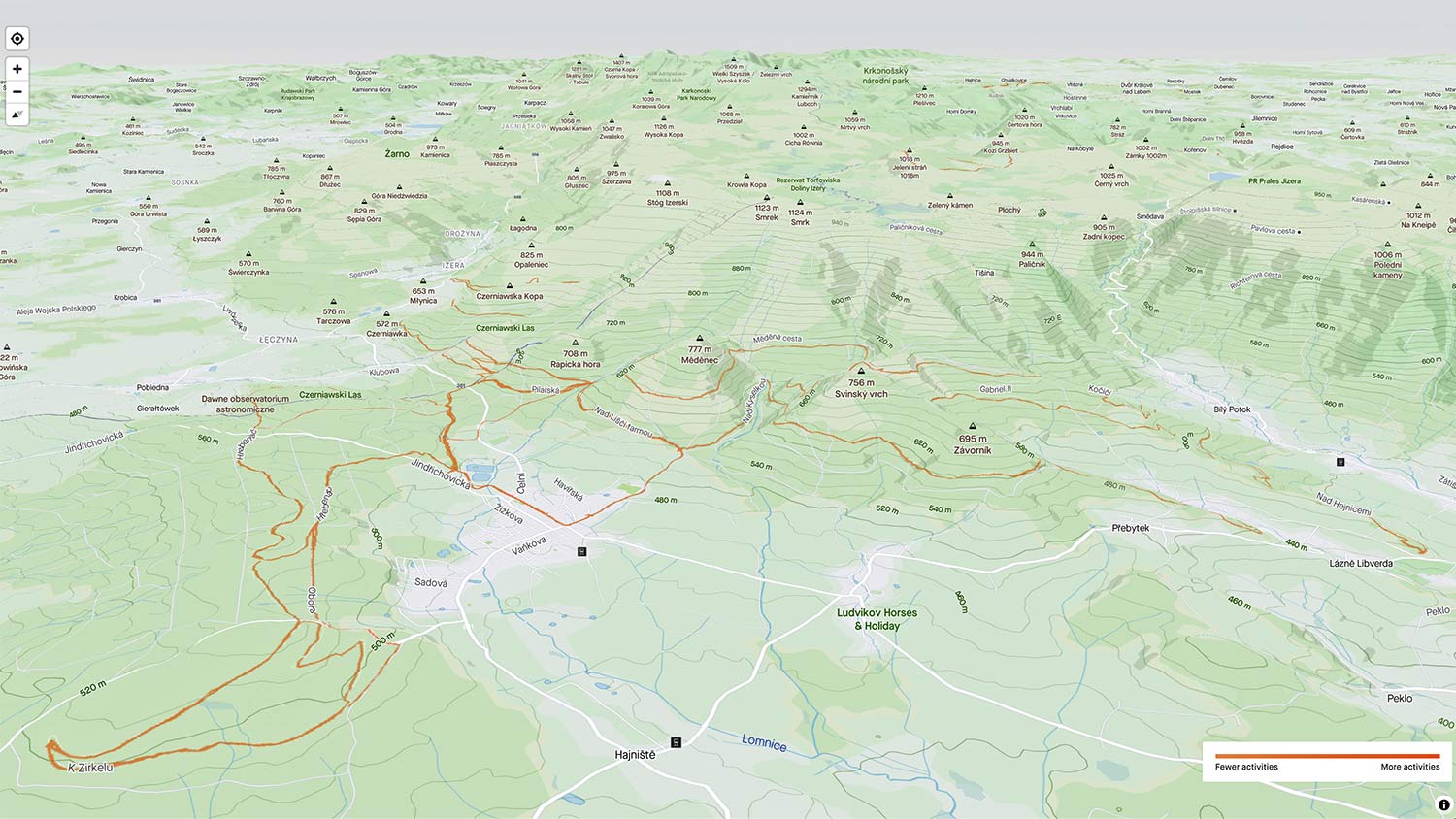 Strava 3D Heatmaps, strava premium subscription activity ride data 3D terrain map overlay, Singltrek pod Smrkem