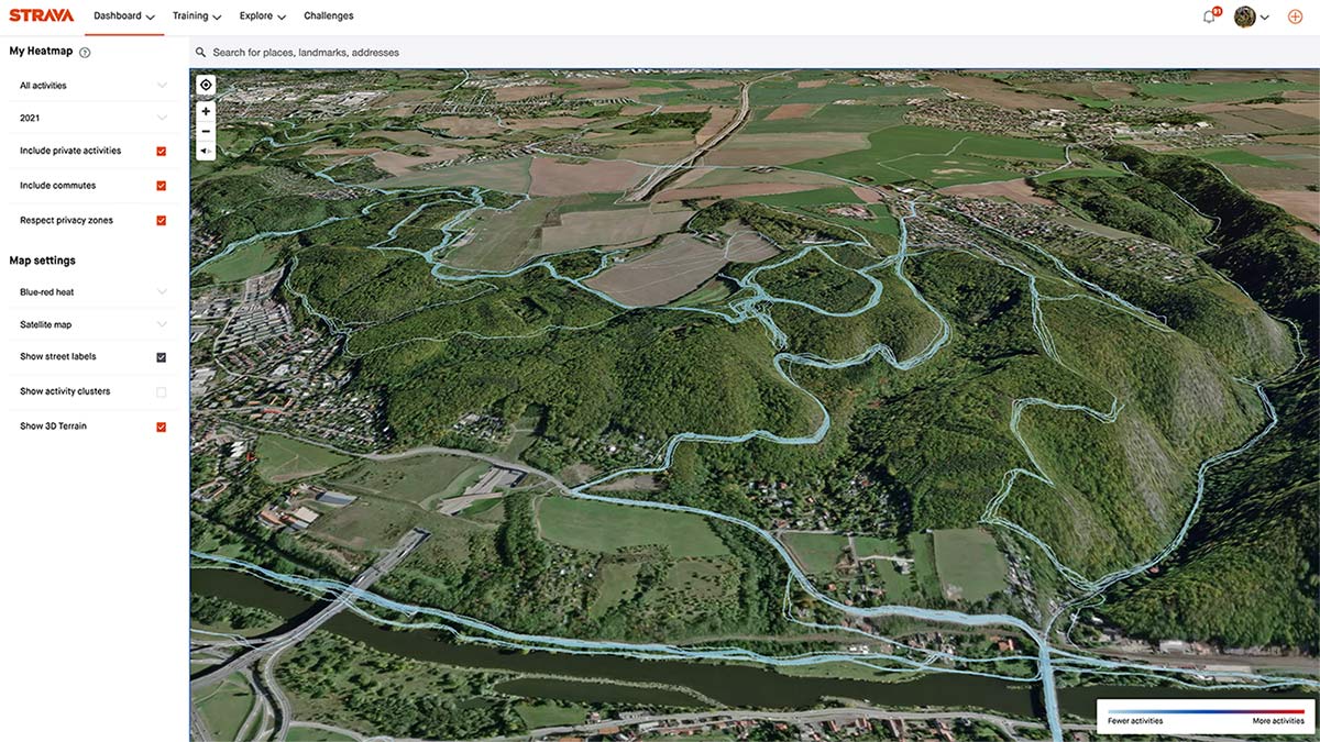 Strava 3D Heatmaps, strava premium subscription activity ride data 3D terrain map overlay, Singltrek pod Smrkem, Tocna