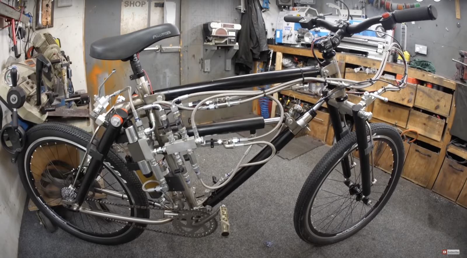 bicycle with hydraulic shocks for tubes built by youtuber colin furze