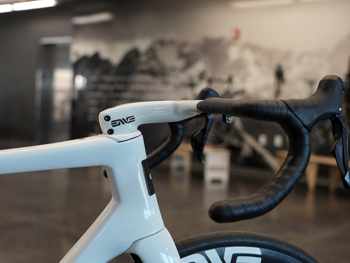 closeup details of finished enve carbon road bike from our factory tour