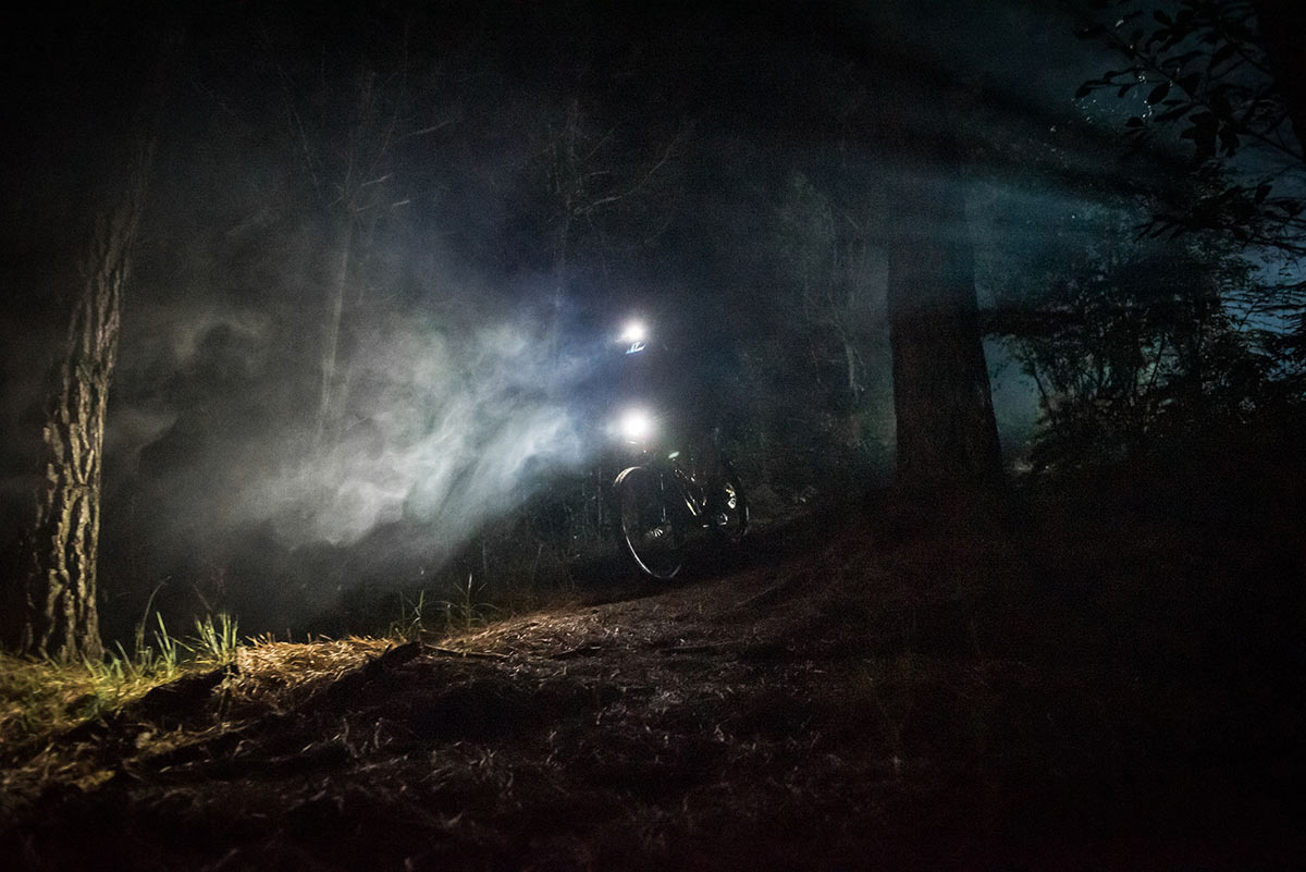 gloworm g2 lights on a mountain bike riding at night