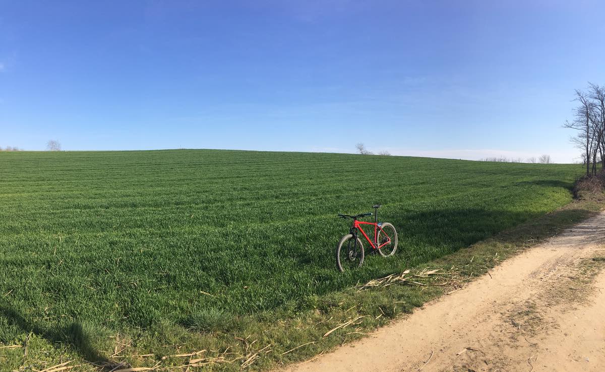 bikerumor pic of the day a large green grassy field with a dirt road to the right of the photo. A red bicycle is on the edge of the field and the sky is clear and blue.