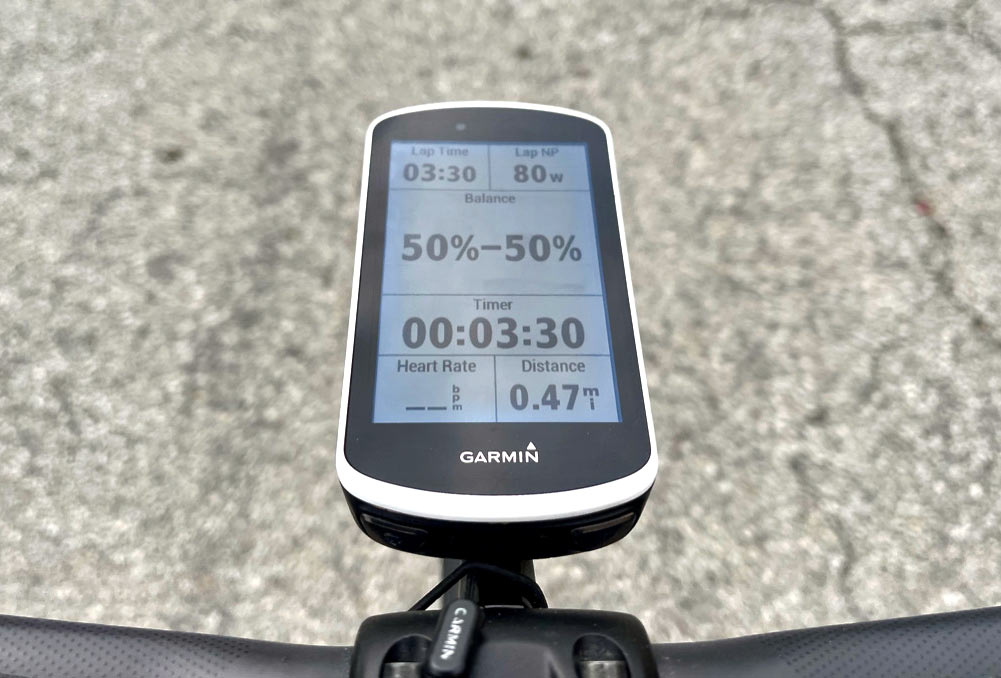 cycling computer showing left and right leg power balance from a powermeter